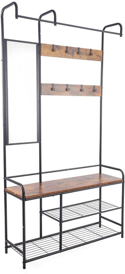 Borough Wharf Entryway Hallway Coat Hanger Stand & Shoe Bench Storage Display Rack with Mirror Black/Rustic Oak 31cm L
