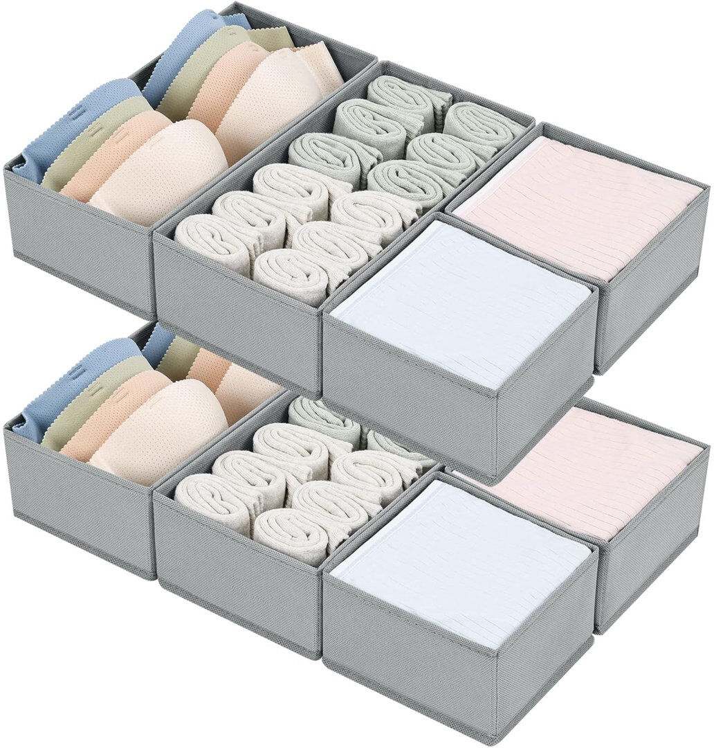 Ebern Designs Drawer Organisers 8 Pack Foldable Storage Box Fabric Wardrobe Storage Organiser Dresser Drawer Dividers Storage Cubes For Bras, Socks, Underwear, Ties Grey 9cm H X 30cm W X 15cm D
