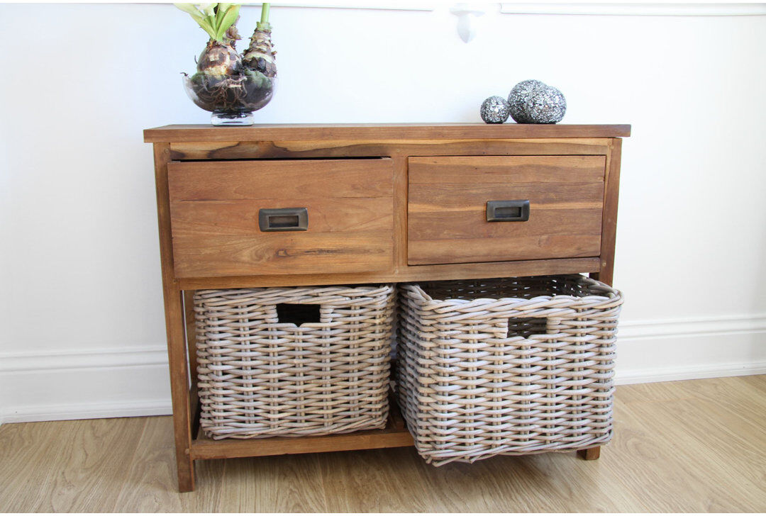 Union Rustic Reclaimed Teak Storage Unit With 2 Drawers Plus 2 Natural Wicker Baskets Natural 70cm H X 88cm W X 37cm D