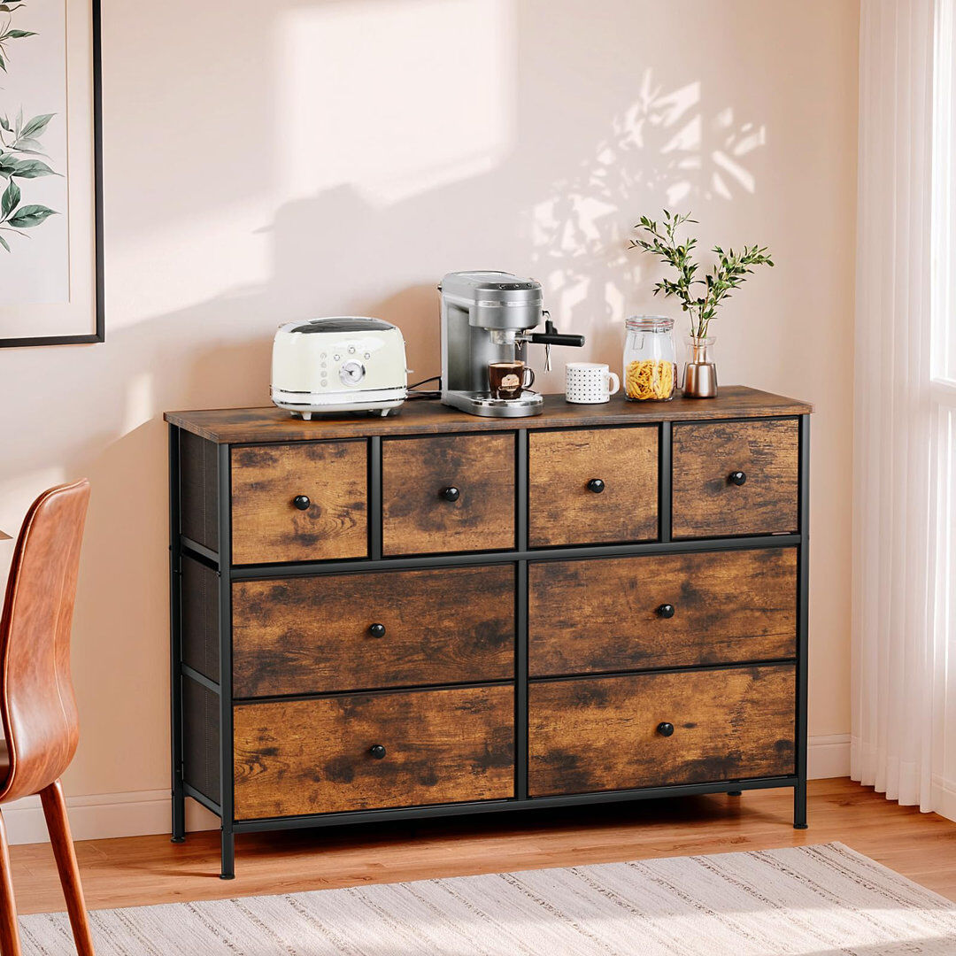 Rebrilliant Chest Of Drawers With 8 Fabric Drawers, Wooden Top, Metal Frame, Suitable For Bedroom, Living Room, Children's Room, Office, Hallway, Hallway Retro Brown/Black 70cm H X 104cm W X 29cm D