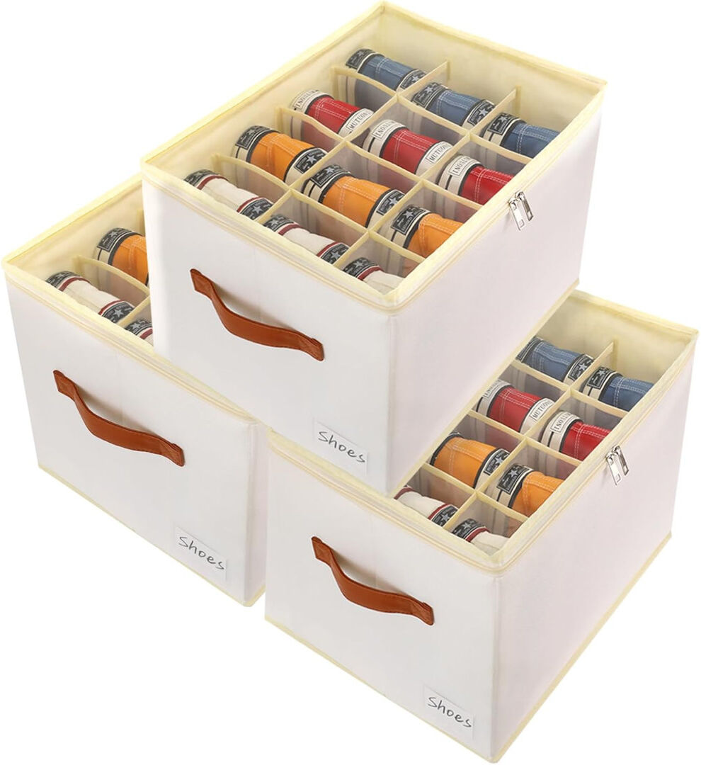 Latitude Run 3 Pack Shoe Storage Box Organiser For Closet - 36 Cell Space Saver Shoes Containers Bin With Clear Lids Stackable, Can Fit Ottoman, Foldable Shoe Rack White 36