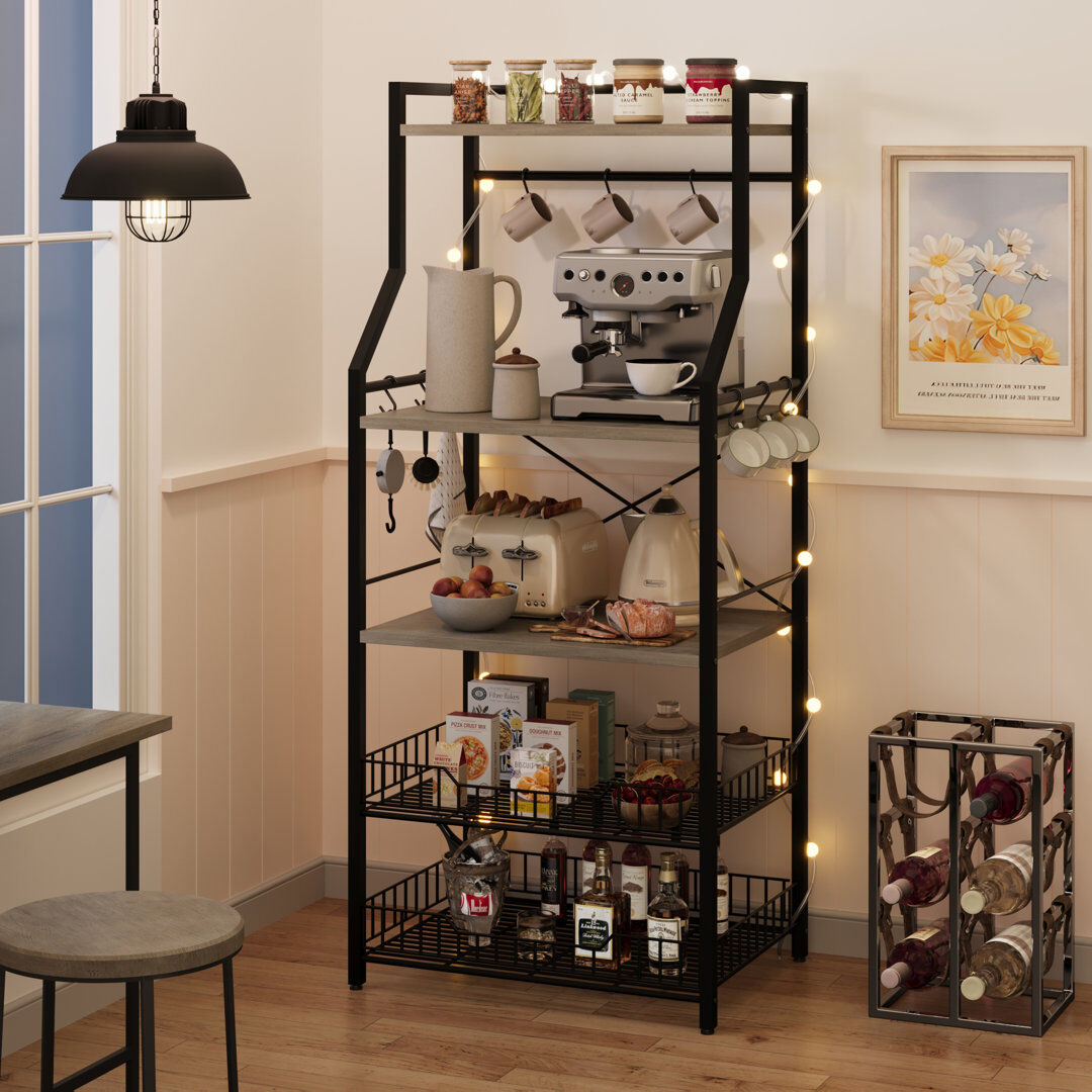 Rebrilliant Kitchen Bakers Rack, Microwave Oven Stand with 2 Large Wire Basket, Industrial Coffee Bar Station, 5-Tier Kitchen Utility Storage Shelf with 8 Hooks f Grey 146cm H X 60cm W X 40cm D