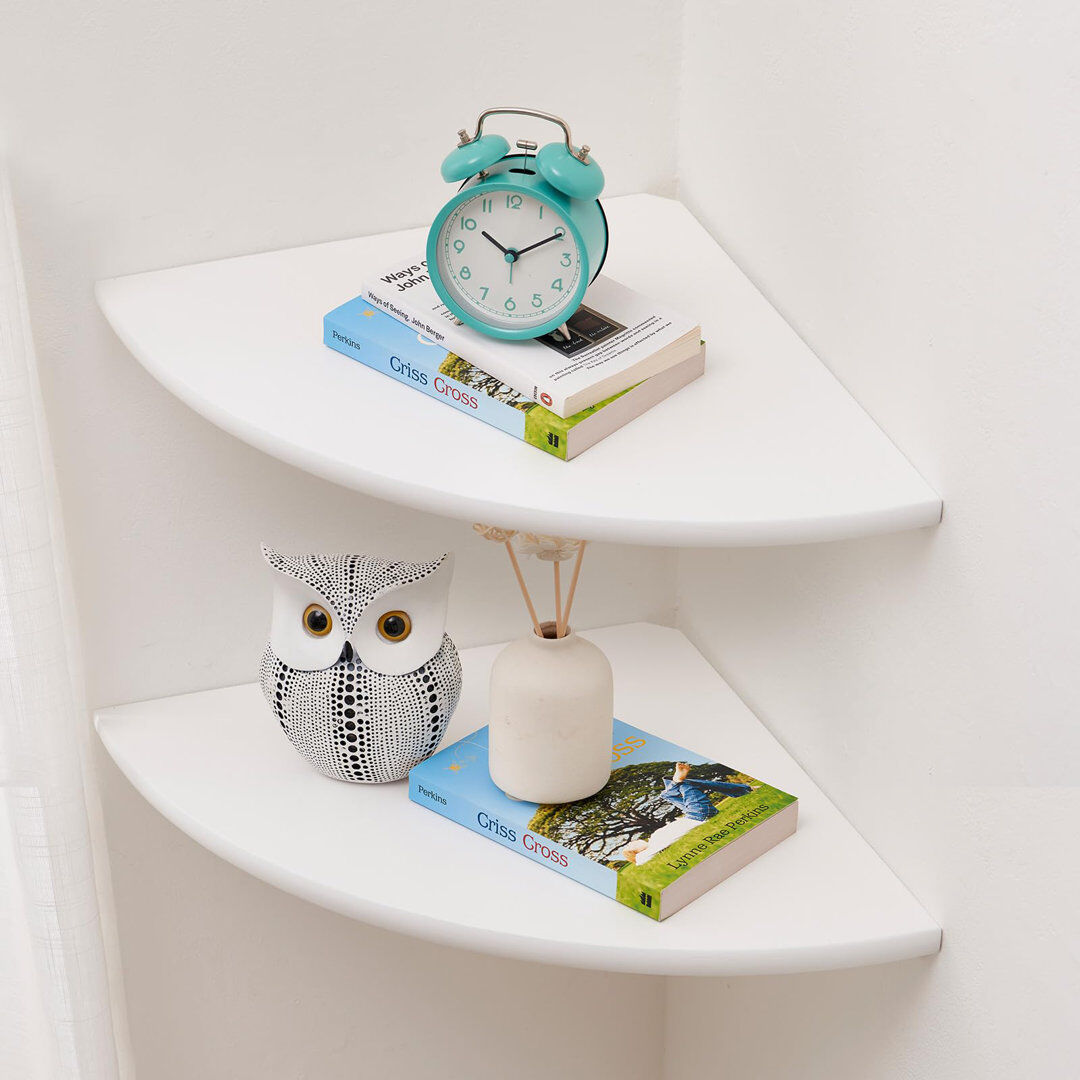 Ebern Designs Corner Shelves, Solid Oak Wood Set Of 2 12Inch Floating Corner Shelves Wall Mount Round End Floating Speaker Shelf With Wire Hole Shelf For Small Plan White 3.80cm H x 25.00cm W x 25.00cm D