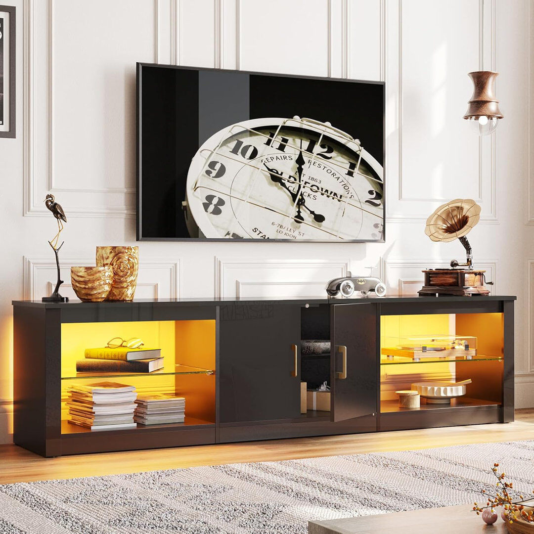 Metro Led Tv Stand For 73 Inch Tv Large Entertainment Center Gaming With Storage Glass Shelves Two Cabinets Modern Tv Console For Living Room Black 75"