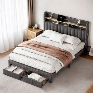 Brayden Studio 4Ft6 Double Beige Linen Upholstered Bed With 2 Storage Drawers Platform Bed Frame(No Mattress) Grey 122cm H X 142.5cm W X 205cm L