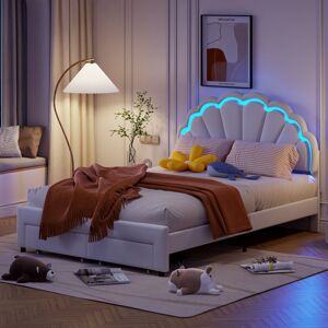 Metro Shell-Shaped Headboard Bed Frame With Storage Drawers And LED Beige European Double (140 x 200 cm)