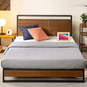 Blue Elephant Cara Industrial Bed Frame with Smart USB Shelf Headboard black/brown 99.1 H x 150.3 W x 215.2 D cm