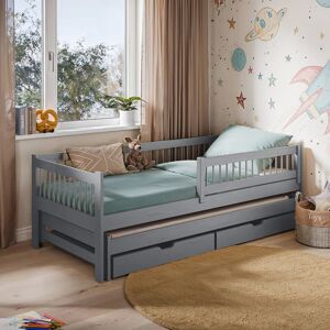 Harriet Bee Wooden Bed Thyrvi Grey - Space-Saving Pine Bed with Pull-Out Sleeper and Mattressess Grey 70cm H X 96cm W X 194cm L