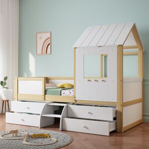 Harriet Bee Kids Mid Sleeper House Bed With Roof & Window – 4-Sided Safety Rail, Storage Drawers & Small Staircase, White & Natural, 90 X 200Cm White;Natural 159cm H X 96.5cm W X 204cm L