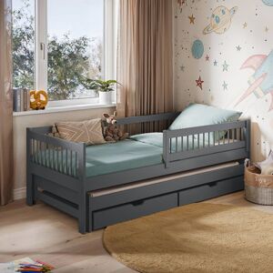 Harriet Bee Wooden Bed Thyrvi Grey - Space-Saving Pine Bed with Pull-Out Sleeper and Mattressess Graphite 70cm H X 96cm W X 194cm L