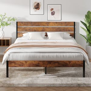 Rio Single Double Size Platform Bed Frame with Rustic Vintage Wood Headboard, Mattress Foundation, Bed Frame with Strong Steel Slats Support, No Box Sprin Retro Brown European Double (140 x 200 cm)