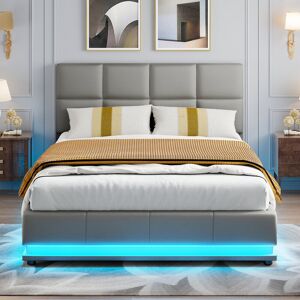 Ivy Bronx Faux Leather Ottoman Bed Frame With LED Headboard – Adjustable Height, Soft Upholstered Design Grey 114cm H X 142cm W X 202.5cm L
