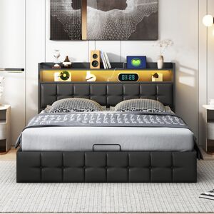 Ivy Bronx Ottoman Bed Frame With LED Headboard, USB & USB-C Ports, Open Storage Shelves & Lift-Up Base Black European Kingsize (160 x 200 cm)