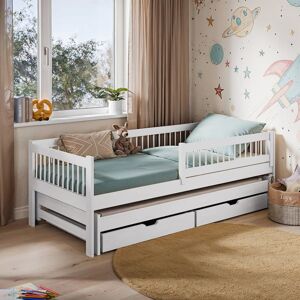 Harriet Bee Wooden Bed Thyrvi Grey - Space-Saving Pine Bed with Pull-Out Sleeper and Mattressess White 70cm H X 96cm W X 194cm L