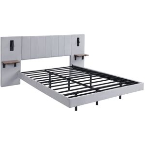 Ivy Bronx 4ft6 Upholstered Bed With 2 Bedside Lamps,charging Socket Grey Double (4'6)