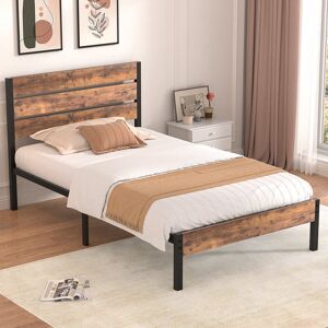 Rio Single Double Size Platform Bed Frame with Rustic Vintage Wood Headboard, Mattress Foundation, Bed Frame with Strong Steel Slats Support, No Box Sprin Retro Brown European Single (90 x 200 cm)