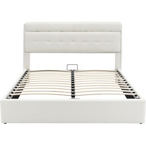 Brayden Studio 5Ft King Bed Frame PU Upholstered Platform Bed With Hydraulic Lever & Storage Headboard White Double (4'6)