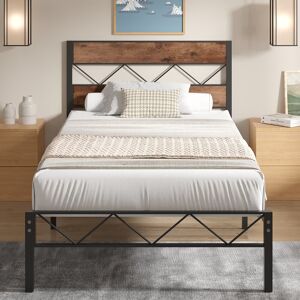 Borough Wharf Single/Double Size Metal Beds, Platform Bed Frame with Rustic Vintage Wooden Headboard, Heavy Duty Steel Slats Support, No Box Spring Needed, Easy Ass Brown/Black Single (3')
