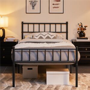 Yaheetech Minimalist Metal Bed Frame with Slatted Headboard Black Single (3')