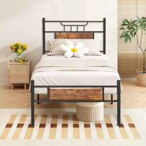 Rio Metal Platform Beds Single Double Size with Wooden Headboard and Footboard, Rustic Vintage Bed Frame with Strong Steel Slats, No Box Spring Needed Rustic Brown European Single (90 x 200 cm)