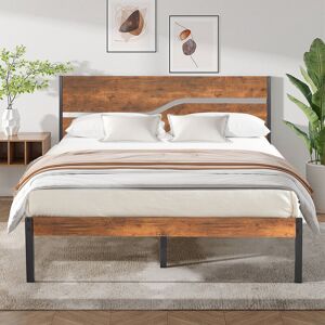 Rio Bed Frame Single Double Size, Metal Platform Bed Frame with Wood Headboard and Footboard, Strong Steel Slats Support, No Box Spring Needed, Easy Assem Retro Brown European Double (140 x 200 cm)