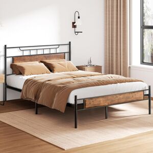 Rio Metal Platform Beds Single Double Size with Wooden Headboard and Footboard, Rustic Vintage Bed Frame with Strong Steel Slats, No Box Spring Needed Rustic Brown Double (4'6)