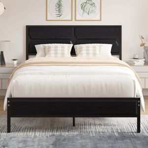 Rio Platform Single/Double Size Bed Frame with Rustic Wood Headboard and Footboard, wood beds with Strong Metal Slats Support, No Box Spring Needed Black Double (4'6