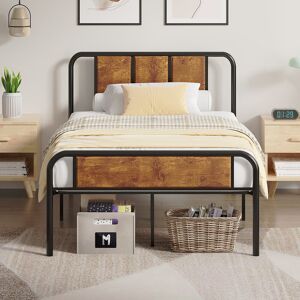 Borough Wharf Single/Double Size Bed Frame with Modern Wood Headboard and Footboard, Heavy Duty Metal Platform Bed Frame, Stable Platform Bed with Steel Slats Suppo Brown Single (90 x 190 cm)