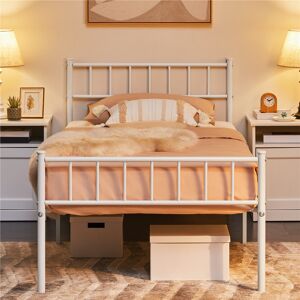 Yaheetech Minimalist Metal Bed Frame with Slatted Headboard White Single (3')