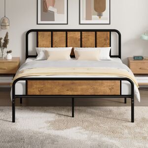 Borough Wharf Single/Double Size Bed Frame with Modern Wood Headboard and Footboard, Heavy Duty Metal Platform Bed Frame, Stable Platform Bed with Steel Slats Suppo Brown Double (135 x 190 cm)