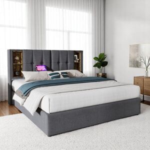 Lark Manor Linen Fabric 150 X 200Cm 5FT King Size Bed Frame With Wireless Charging(USB Type-C), Hydraulic Storage Bed With Hydraulic Lever (No Mattress) Grey 100.5cm H X 155cm W X 206cm L