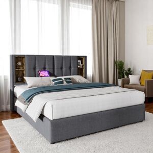 Lark Manor Linen Fabric 180 X 200Cm 6FT Super King Size Bed Frame With Wireless Charging(USB Type-C), Hydraulic Storage Bed With Hydraulic Lever (No Mattress) Grey 100.5cm H X 185cm W X 206cm L