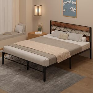 Borough Wharf Single/Double Size Metal Beds, Platform Bed Frame with Rustic Vintage Wooden Headboard, Heavy Duty Steel Slats Support, No Box Spring Needed, Easy Ass Brown/Black Double (4'6)