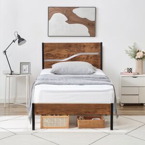 Rio Bed Frame Single Double Size, Metal Platform Bed Frame with Wood Headboard and Footboard, Strong Steel Slats Support, No Box Spring Needed, Easy Assem Retro Brown European Single (90 x 200 cm)