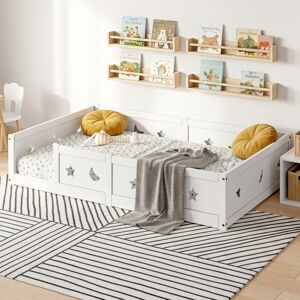 Harriet Bee Solid Wood Montessori Floor Bed With Guardrails, Available In Single, Small Double & Double Sizes, White White European Double (140 x 200 cm) Harriet Bee Solid Wood Montessori Floor Bed With Guardrails, Available In Single, Small Double & Double Sizes, White White European Double (140 x 200 cm)