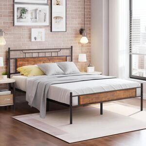 Rio Metal Platform Beds Single Double Size with Wooden Headboard and Footboard, Rustic Vintage Bed Frame with Strong Steel Slats, No Box Spring Needed Rustic Brown European Double (140 x 200 cm) Rio Metal Platform Beds Single Double Size with Wooden Headboard and Footboard, Rustic Vintage Bed Frame with Strong Steel Slats, No Box Spring Needed Rustic Brown European Double (140 x 200 cm)