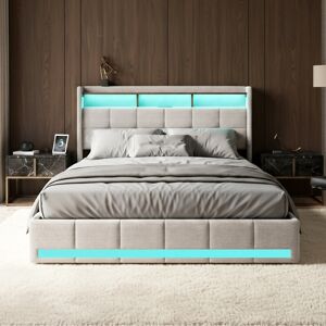 Ivy Bronx Linen Storage Bed With 4 Drawers & Dual LED Lights, European Double & King Size Upholstered Bed Frame With Charging Port, Grey & Beige Beige European Double (140 x 200cm) Ivy Bronx Linen Storage Bed With 4 Drawers & Dual LED Lights, European Double & King Size Upholstered Bed Frame With Charging Port, Grey & Beige Beige European Double (140 x 200cm)
