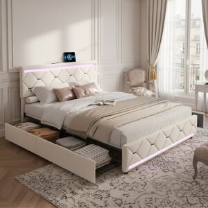 Fairmont Park Modern Velvet Upholstered Bed With 4 Drawers, Storage Bed Frame With USB Ports & Dual LED Lights, Beige Beige European Double (140 x 200 cm) Fairmont Park Modern Velvet Upholstered Bed With 4 Drawers, Storage Bed Frame With USB Ports & Dual LED Lights, Beige Beige European Double (140 x 200 cm)