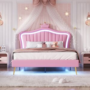 Harriet Bee Princess Bed – PU Leather Double Bed Frame With Crown Headboard, LED Lights & Slatted Base Pink European Double (140 x 200 cm) Harriet Bee Princess Bed – PU Leather Double Bed Frame With Crown Headboard, LED Lights & Slatted Base Pink European Double (140 x 200 cm)