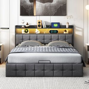 Ivy Bronx Ottoman Bed Frame With LED Headboard, USB & USB-C Ports, Open Storage Shelves & Lift-Up Base Grey European Double (140 x 200 cm) Ivy Bronx Ottoman Bed Frame With LED Headboard, USB & USB-C Ports, Open Storage Shelves & Lift-Up Base Grey European Double (140 x 200 cm)