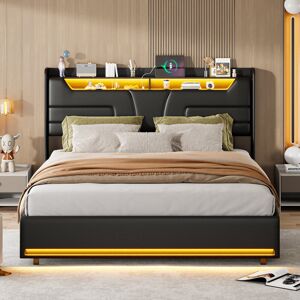Ivy Bronx Black PU Upholstered Bed With LED Lights, USB Charging Ports & Ample Storage Black European Kingsize (160 x 200 cm) Ivy Bronx Black PU Upholstered Bed With LED Lights, USB Charging Ports & Ample Storage Black European Kingsize (160 x 200 cm)
