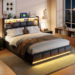 Ivy Bronx Black PU Ottoman Storage Bed With LED, USB & Headboard Storage Shelves Black European Double (140 x 200 cm) Ivy Bronx Black PU Ottoman Storage Bed With LED, USB & Headboard Storage Shelves Black European Double (140 x 200 cm)