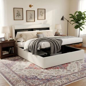 Brayden Studio 5Ft King Bed Frame PU Upholstered Platform Bed With Hydraulic Lever & Storage Headboard White Double (4'6) Brayden Studio 5Ft King Bed Frame PU Upholstered Platform Bed With Hydraulic Lever & Storage Headboard White Double (4'6)