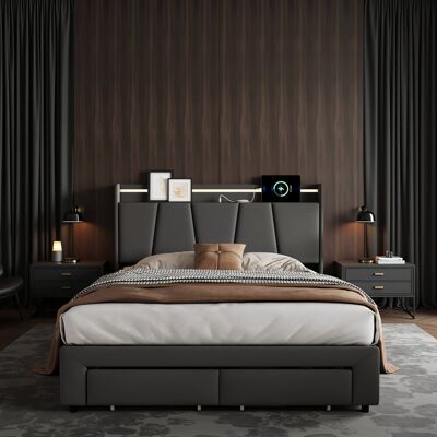 Ivy Bronx Upholstered Ottoman Bed With 2 Drawers, Storage Frame With LED Headboard & USB Ports, Dark Grey Linen Gray European Double (140 x 200 cm) Ivy Bronx Upholstered Ottoman Bed With 2 Drawers, Storage Frame With LED Headboard & USB Ports, Dark Grey Linen Gray European Double (140 x 200 cm)