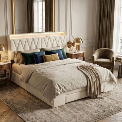 Canora Grey Beige Velvet Storage Bed With 3 Drawers, LED Storage Headboard & USB-C Charging, European Double (140X200cm) & King (160X200cm) Beige European Double (140 x 200 cm) Canora Grey Beige Velvet Storage Bed With 3 Drawers, LED Storage Headboard & USB-C Charging, European Double (140X200cm) & King (160X200cm) Beige European Double (140 x 200 cm)