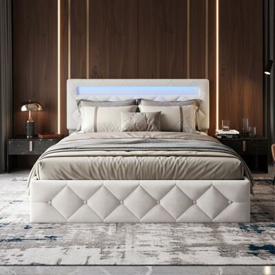 Ivy Bronx Apricot Velvet Ottoman Bed, RGB LED Headboard With Adjustable Height, European Double (140X200cm) & King (160X200cm) , Beige European Kingsize (160 x 200 cm) Ivy Bronx Apricot Velvet Ottoman Bed, RGB LED Headboard With Adjustable Height, European Double (140X200cm) & King (160X200cm) , Beige European Kingsize (160 x 200 cm)