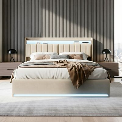 Ivy Bronx Modern Velvet Upholstered Ottoman Bed With Surround LED Lights & Storage Headboard, European Double & King Size Frame With USB-C Port, Grey & Beige Beige European Double (140 x 200cm) Ivy Bronx Modern Velvet Upholstered Ottoman Bed With Surround LED Lights & Storage Headboard, European Double & King Size Frame With USB-C Port, Grey & Beige Beige European Double (140 x 200cm)