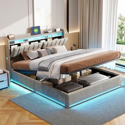 17 Stories Blawnox Ottoman Storage Bed Frame with LED Headboard, Velvet Upholstered Lift Up Bed with Headboard Storage Shelves Grey European King (160 x 200 cm) 17 Stories Blawnox Ottoman Storage Bed Frame with LED Headboard, Velvet Upholstered Lift Up Bed with Headboard Storage Shelves Grey European King (160 x 200 cm)
