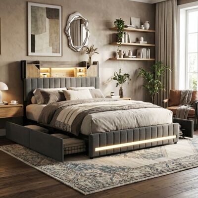 Ivy Bronx EU Double & King Upholstered Bed with Dual LED & Storage Headboard, 4 Pull-Out Drawers, Grey Linen, 140/160x200cm Grey European Kingsize (160 x 200 cm) Ivy Bronx EU Double & King Upholstered Bed with Dual LED & Storage Headboard, 4 Pull-Out Drawers, Grey Linen, 140/160x200cm Grey European Kingsize (160 x 200 cm)