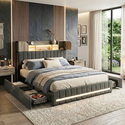 Ivy Bronx EU Double & King Upholstered Bed with Dual LED & Storage Headboard, 4 Pull-Out Drawers, Grey Linen, 140/160x200cm Grey European Double (140 x 200 cm) Ivy Bronx EU Double & King Upholstered Bed with Dual LED & Storage Headboard, 4 Pull-Out Drawers, Grey Linen, 140/160x200cm Grey European Double (140 x 200 cm)